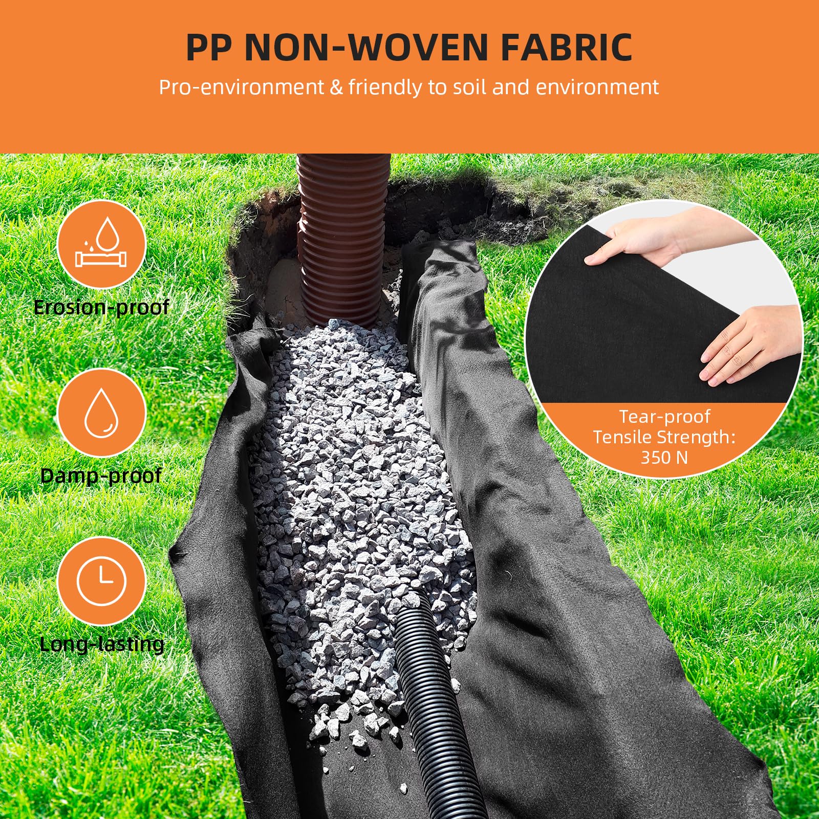 Black nonwoven geotextile fabric lining a gravel filled French drain with a corrugated drainage pipe