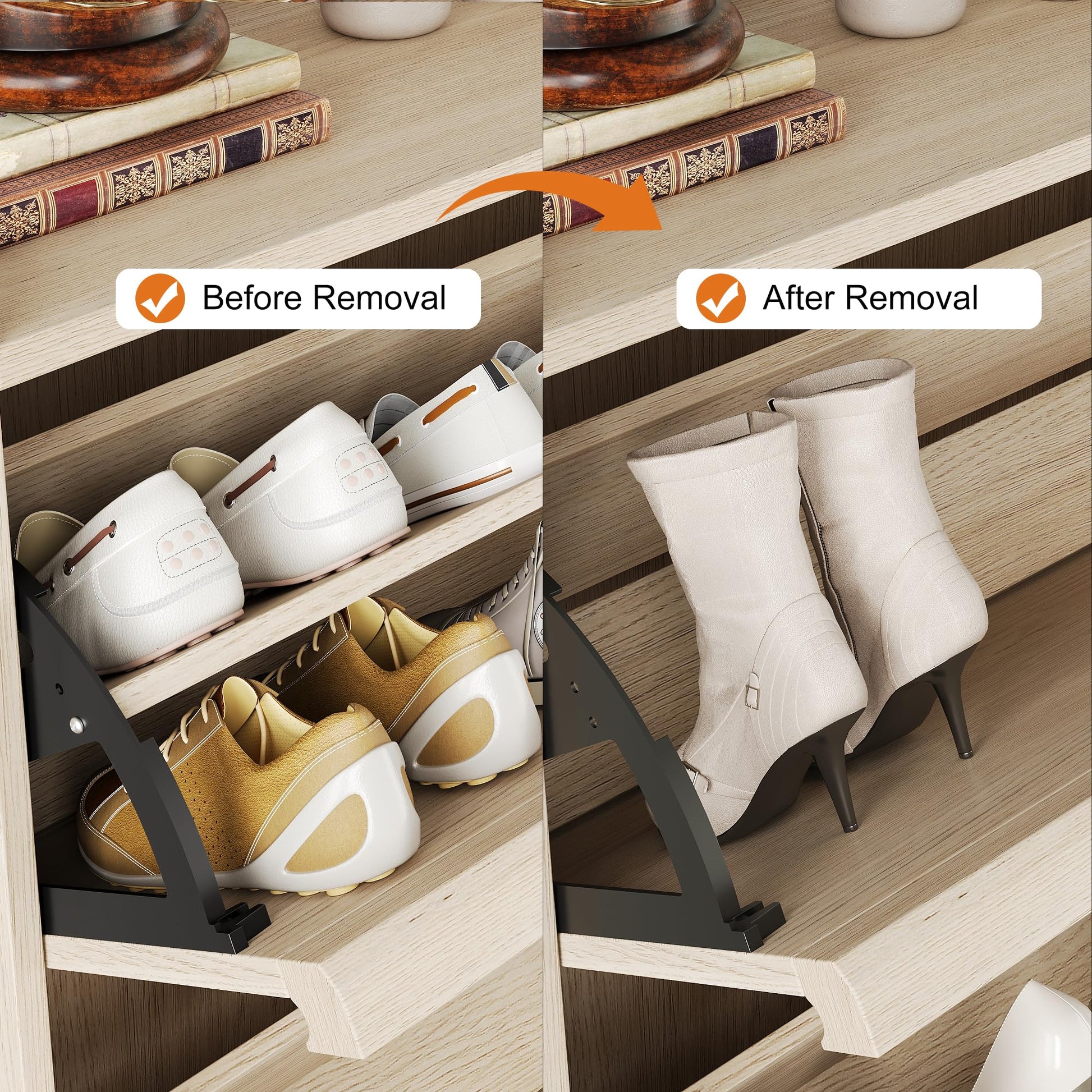 Removable and adjustable dividers for different shoe heights