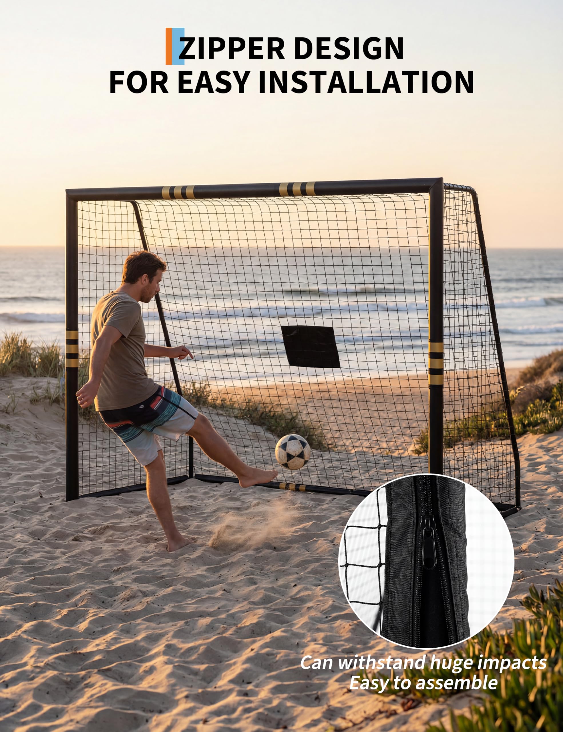 Soccer goal with zipper net design for easy installation