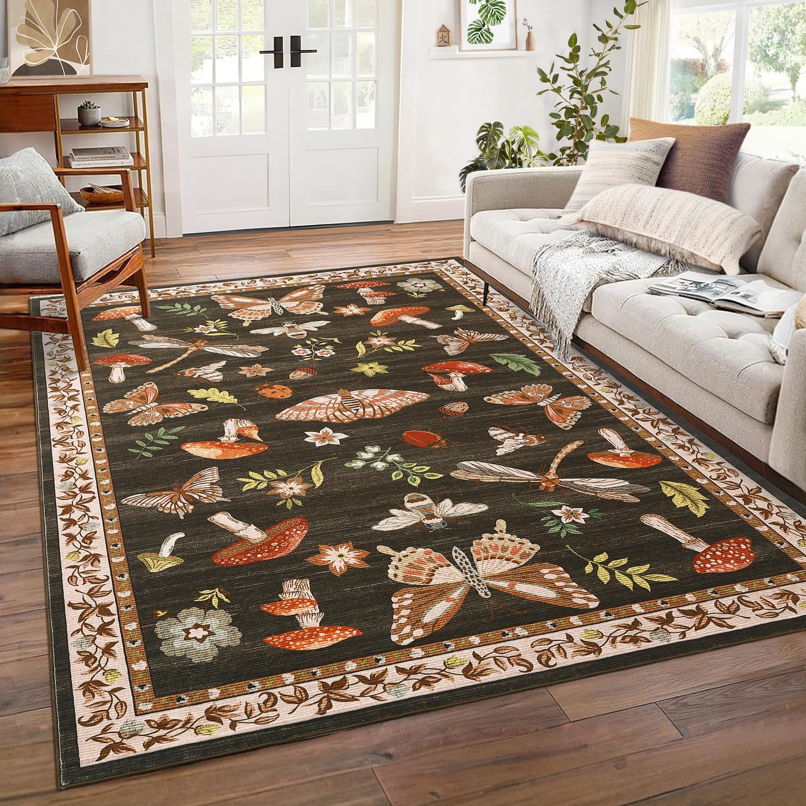 brown mushroom insect area rug styled in a coordinated living space