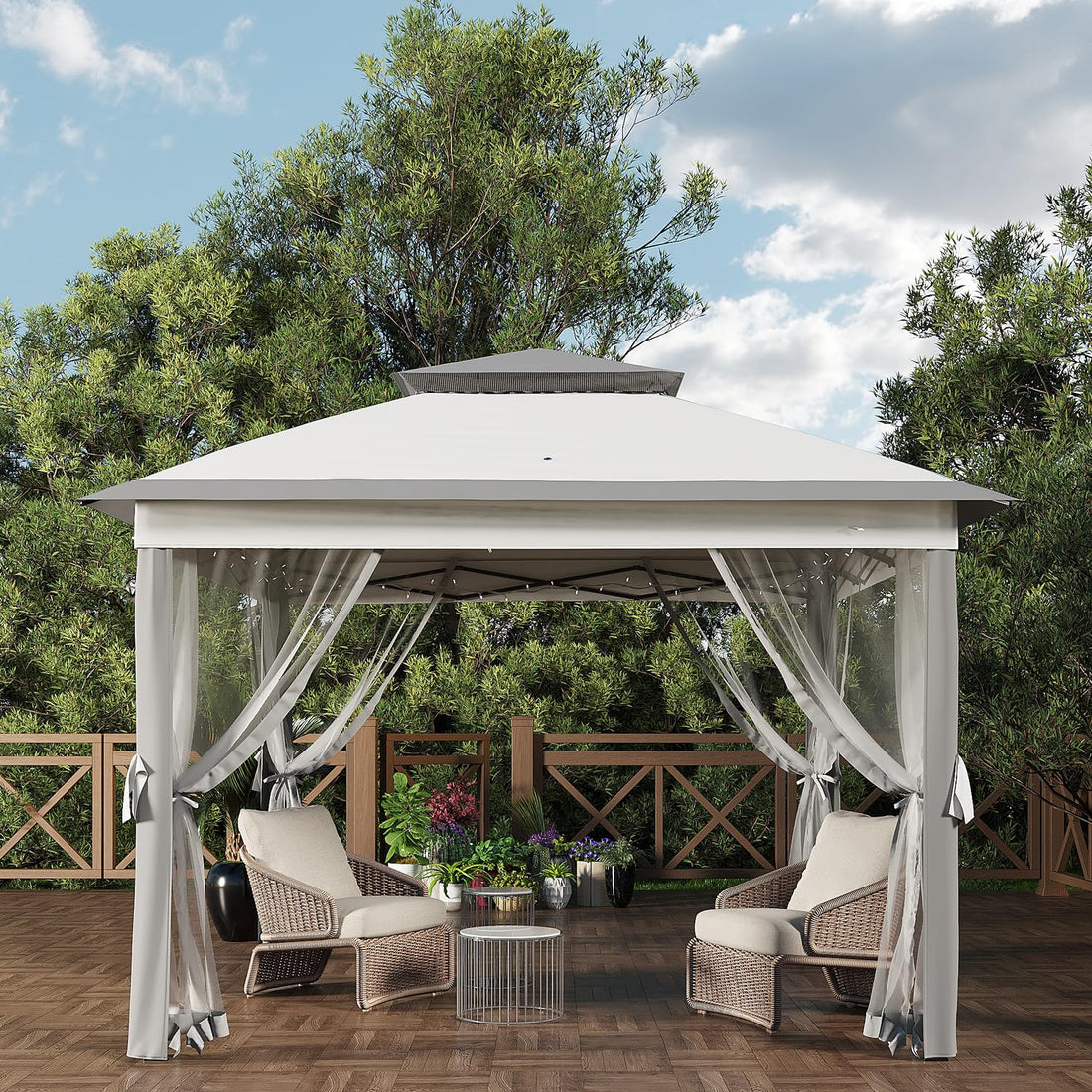 Garvee Tonnelle Pop-Up 3,35 m x 3,35 m avec moustiquaires, cadre en acier, imperméable et anti-UV pour patio, jardin, fête, gris