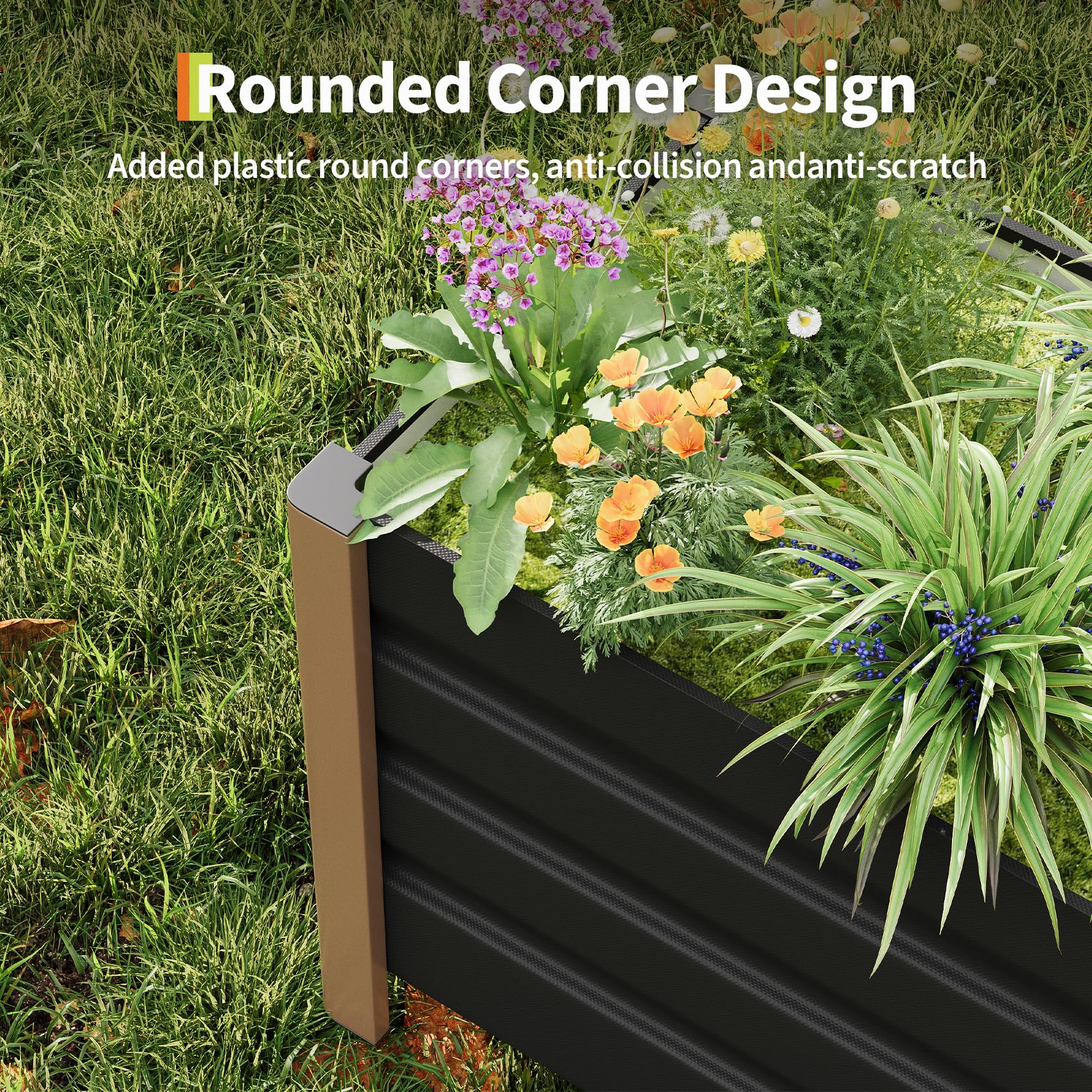 Gray aluminum planter box with rounded corner detail in a garden setting