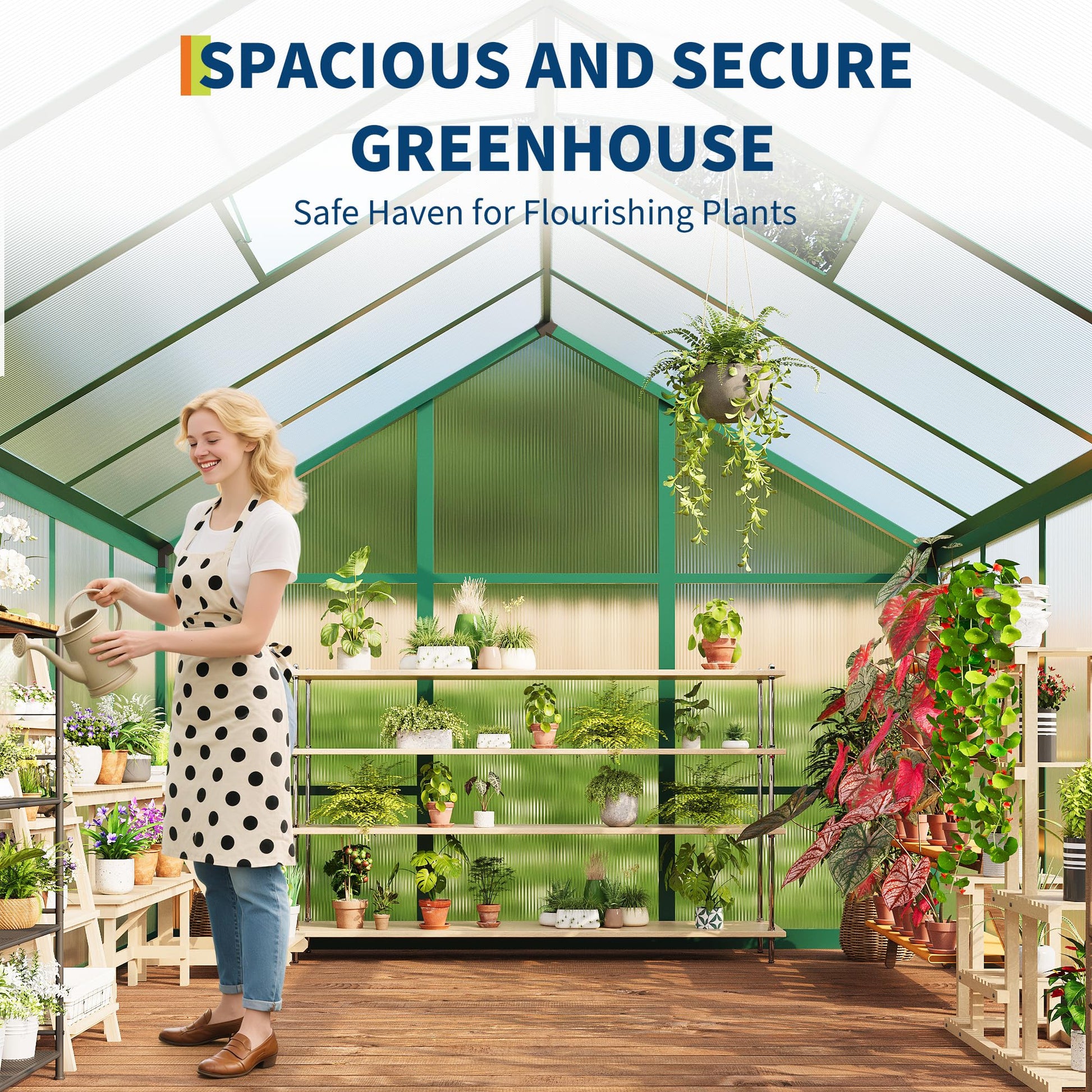 Spacious and secure greenhouse with polycarbonate growing cover