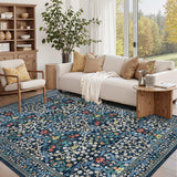 Garvee 6x9 Washable Area Rug Floral Dining Room Rug Low Pile Non-Slip Dark Blue - B.Blue