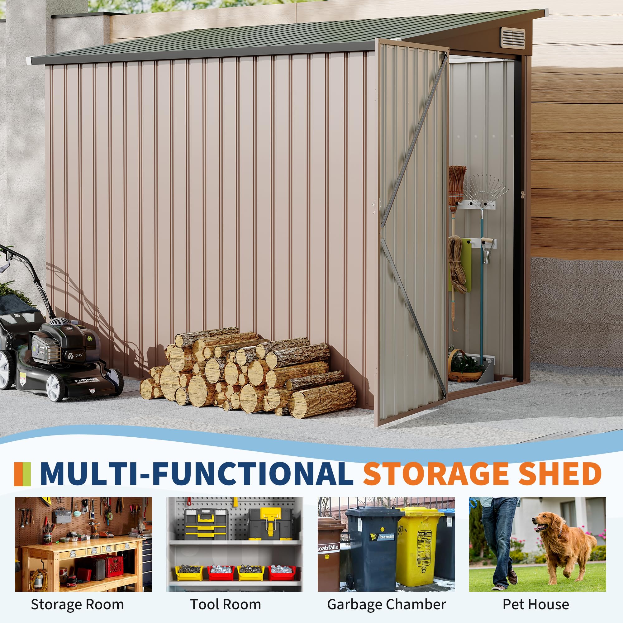 Brown lean-to metal storage shed showing storage room tool room garbage chamber and pet house uses