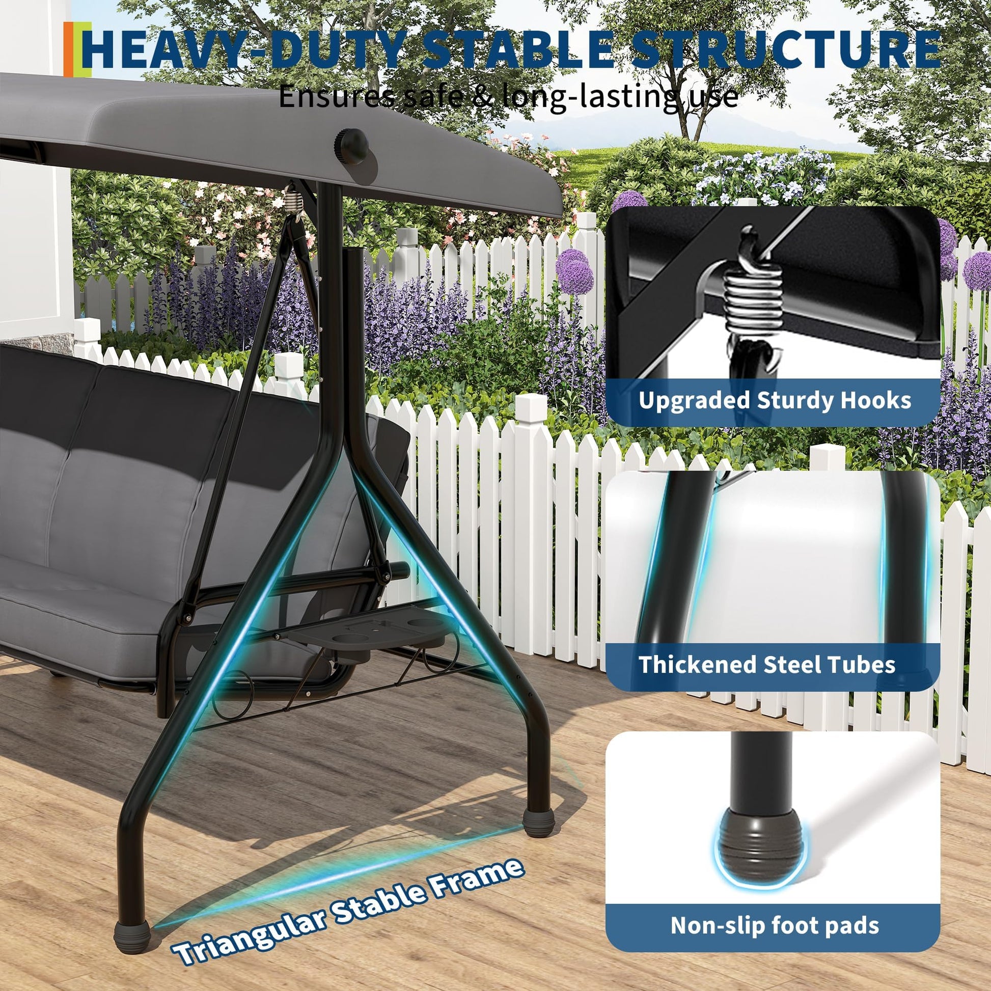 Heavy-duty steel frame with spring hooks and stable triangular base