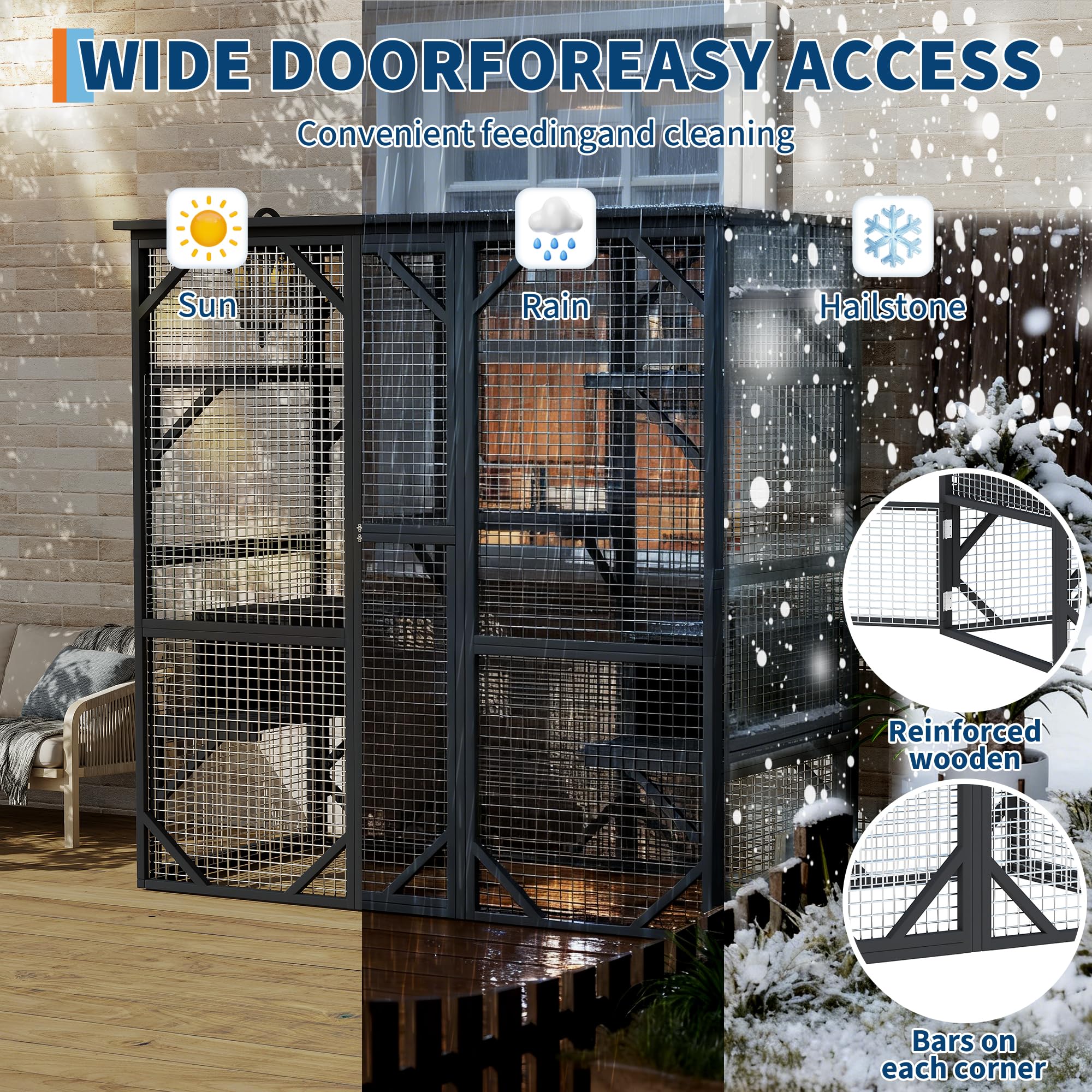 Black cedar outdoor catio with wide doors and reinforced corner structure