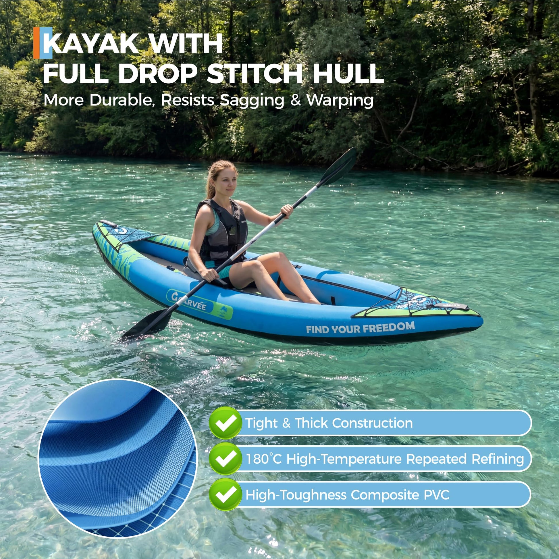 Garvee inflatable kayak with full drop stitch hull and composite PVC construction