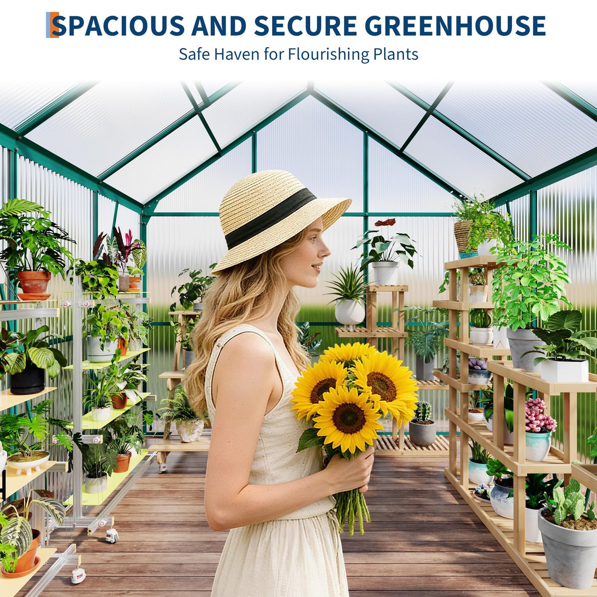 Interior growing space with plants and shelves inside the greenhouse