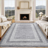 Garvee Bordered Grey 10x13 Large Washable Geometric Area Rug Non Slip Non Shedding Floor Carpet, Modern Bordered Rug, Distressed Gray Rug, Indoor Printed Rug for Living Room, Bedroom, Office - Grey
