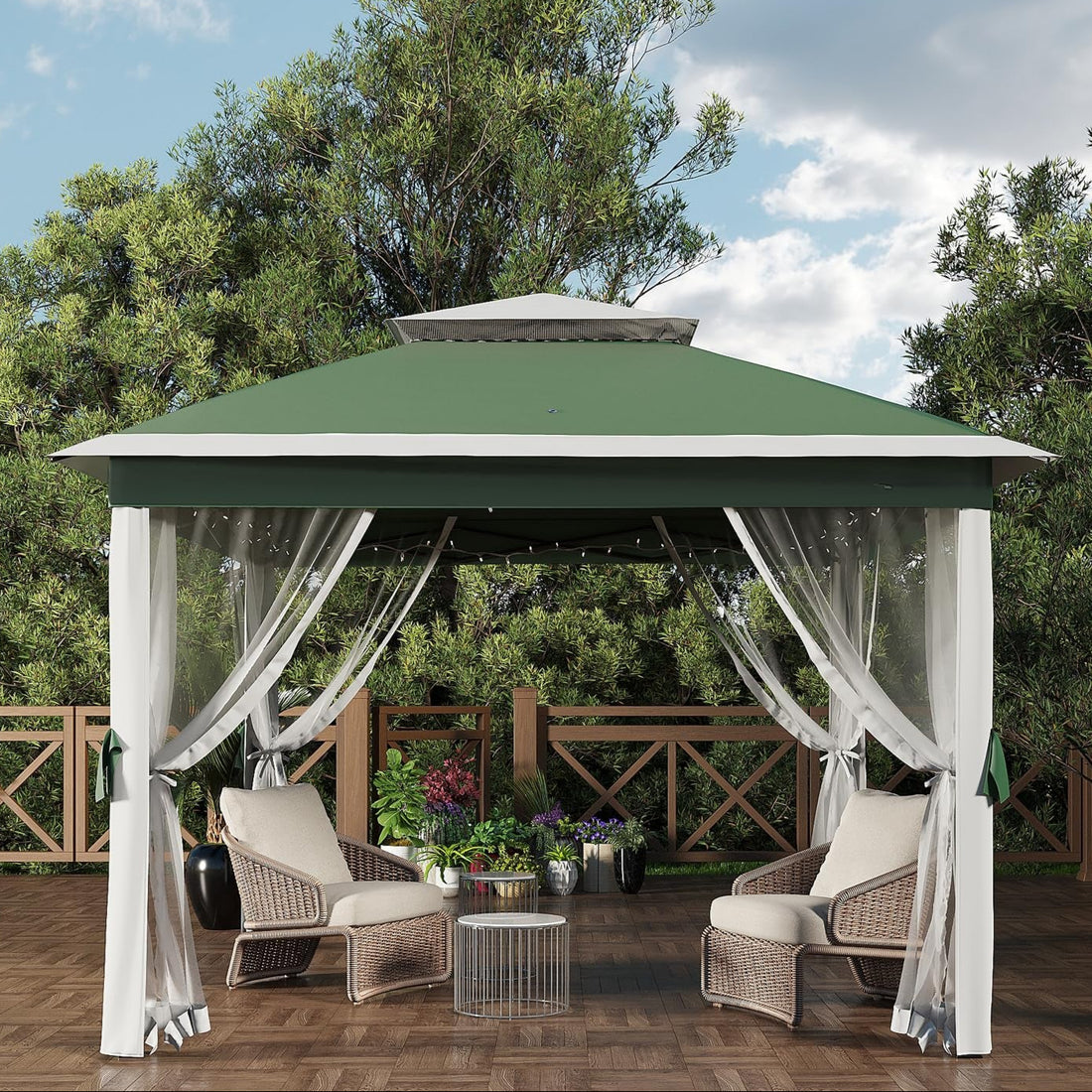 Tonnelle escamotable Garvee 11'x11 avec moustiquaires, cadre en acier durable, protection UV imperméable, pour fêtes de jardin, vert