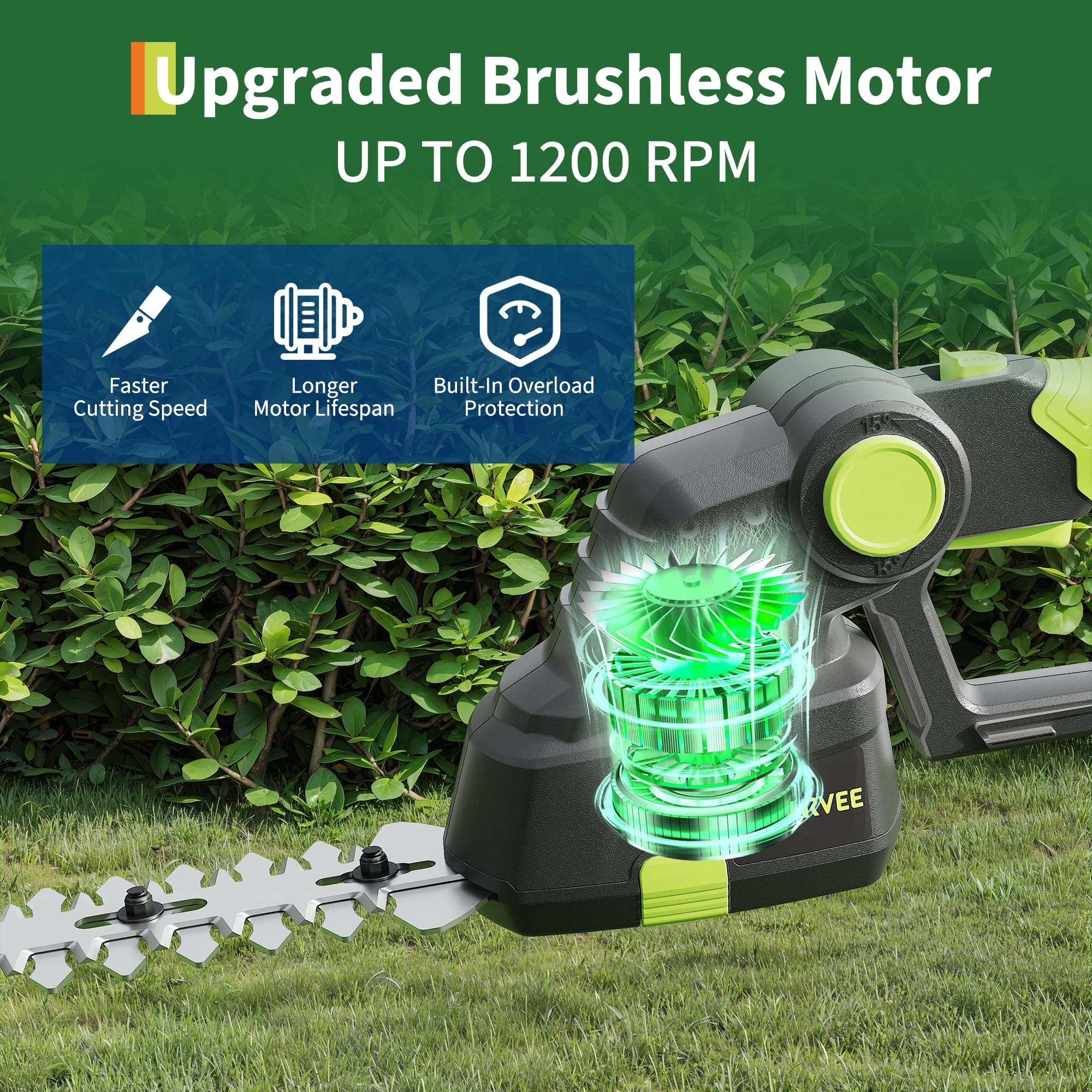 Brushless motor detail for the black and green 2-in-1 cordless trimmer