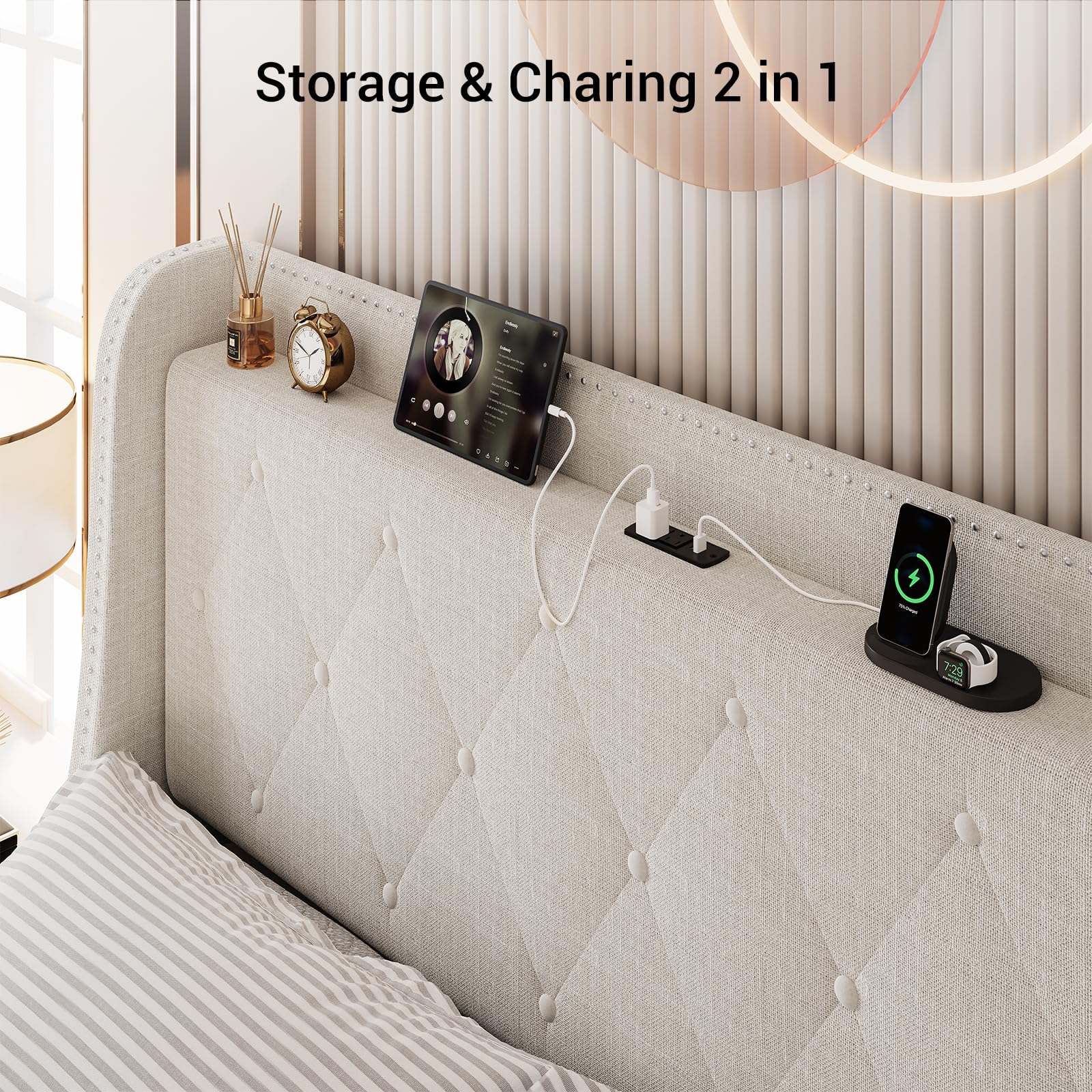 Headboard shelf with charging station outlets and USB ports