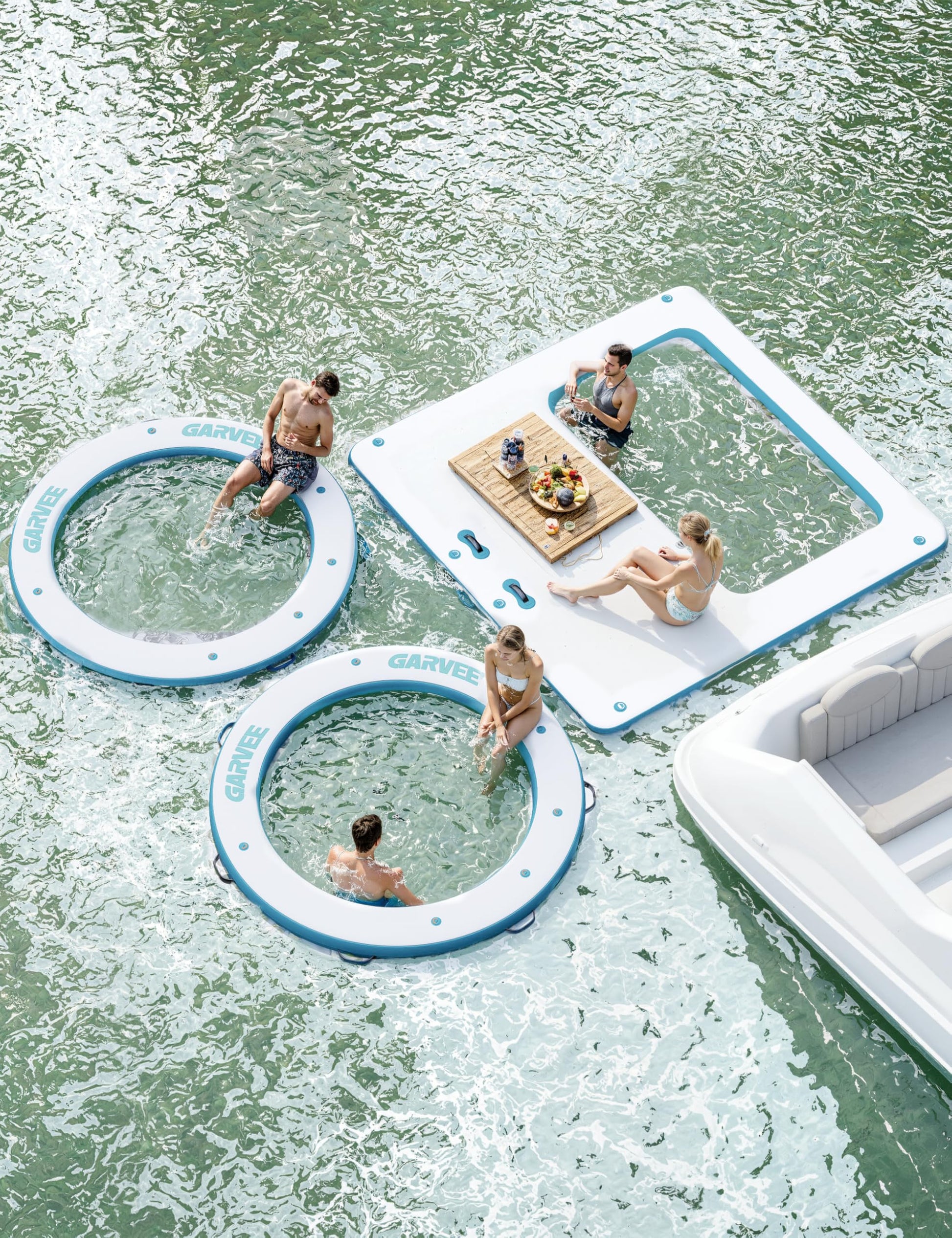 Multiple floating docks connected together on the water