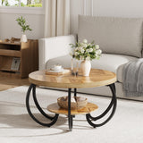 Garvee Light Oak 30" Round Industrial Coffee Table with 2 Tiers for Living Room, Adjustable Feet, Wooden Grain Design, Natural Color - Light Oak