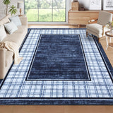 Garvee Washable Rug Navy 8x10 Low Pile Non Slip Stain Resistant Modern Checkered Area Rug for Living Room Bedroom - Navy Blue
