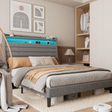 Garvee Queen Bed Frame with Charging Station, LED Lights, Modern Upholstered Headboard, Queen Size, Grey - Grey