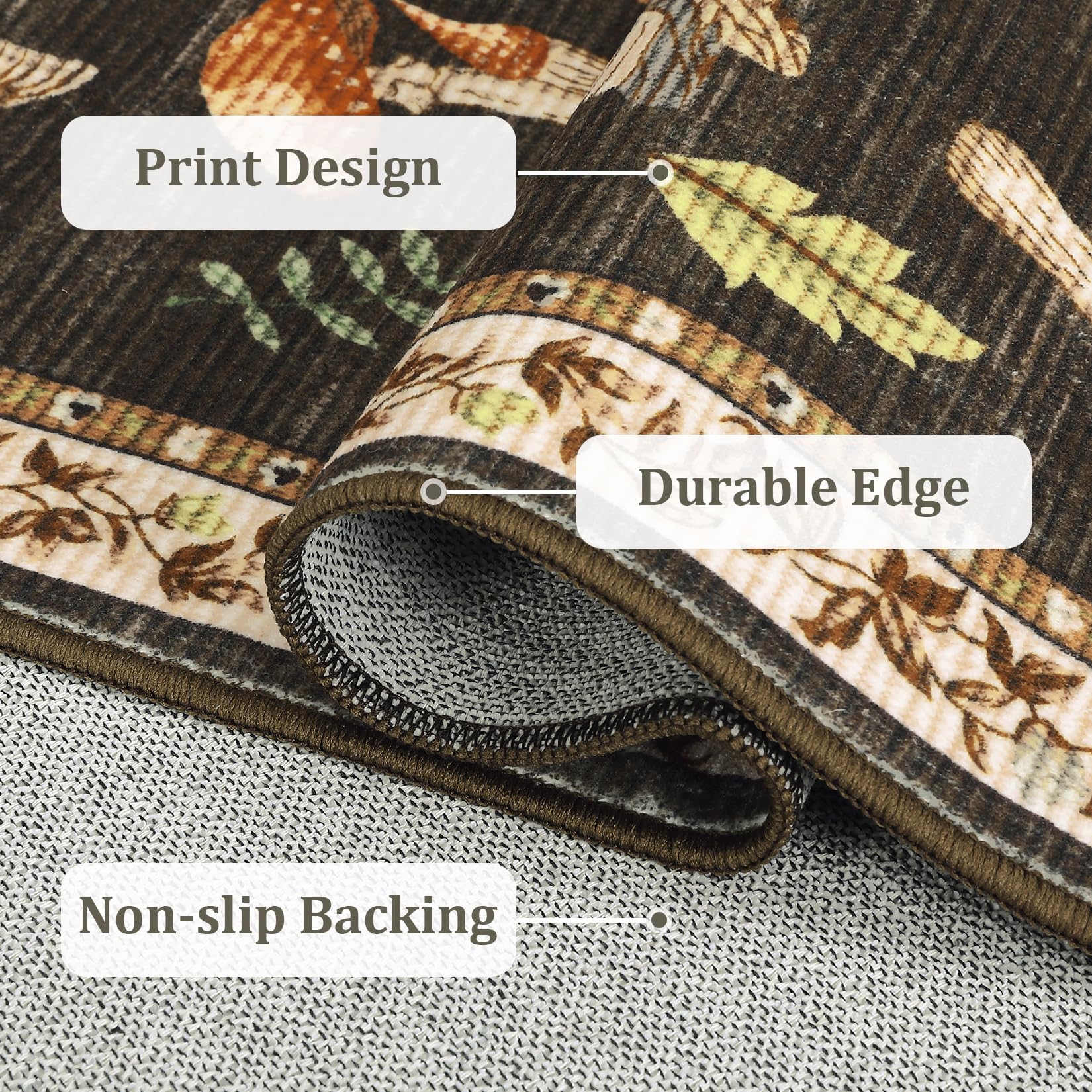 close view of the brown mushroom rug surface, finished edge, and rubber backing
