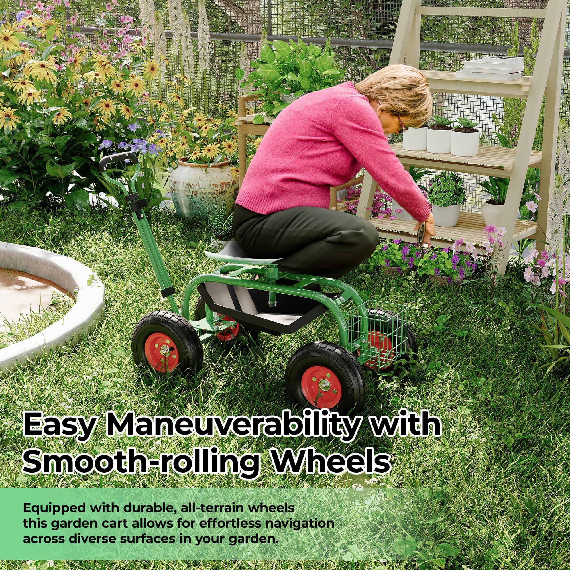 green rolling garden cart used beside plants with smooth rolling wheels