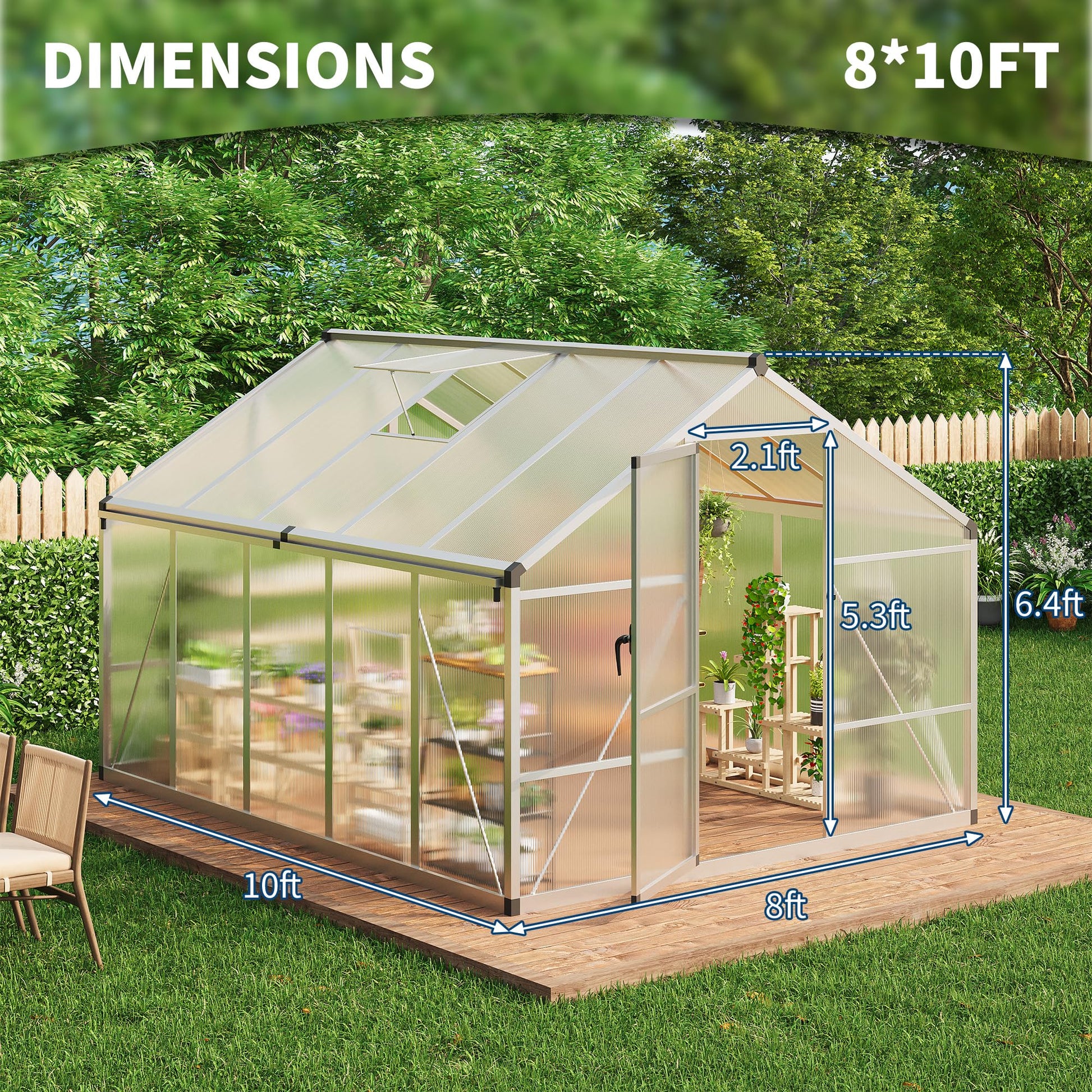 8x10 ft greenhouse dimensions with adjustable roof vent
