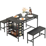 Garvee Dining Table Set for 4, Rectangular Kitchen Table Set with 2 Benches, Wine Rack and Glass Holder, 3 Piece Dining Table Set for Small Space Apartment, Black - Black