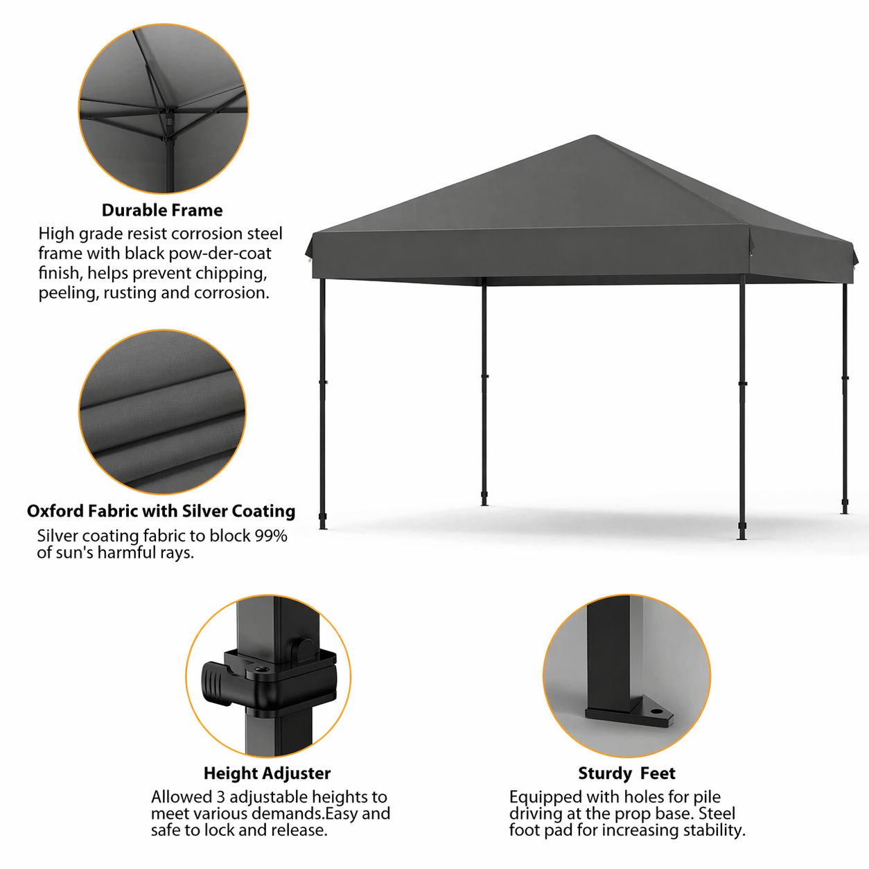 Tonnelle instantanée Garvee 3x3 m – Abri solaire portable étanche avec sac à roulettes, sacs de sable et piquets pour pique-nique, camping et événements en plein air, gris