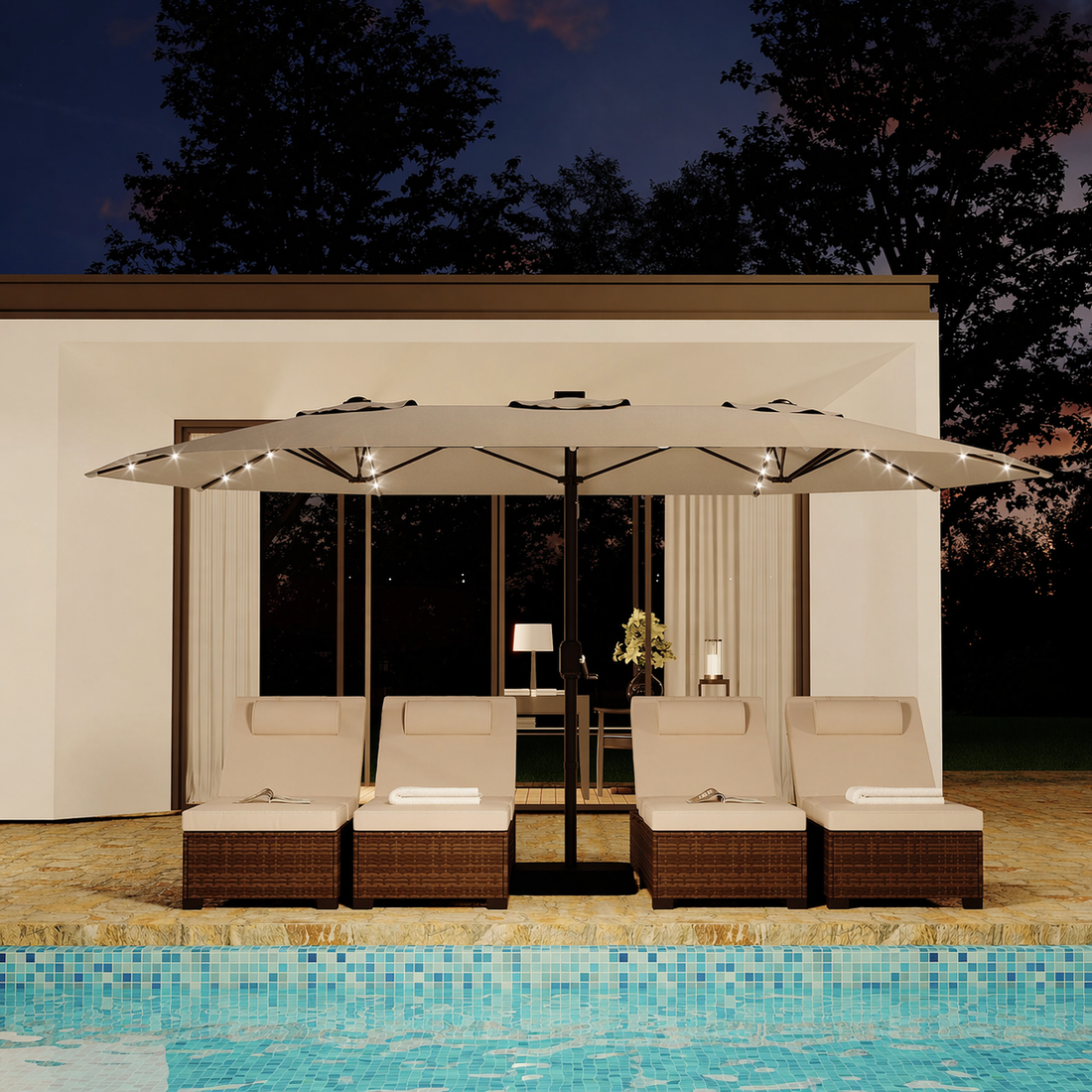 Grand parasol de terrasse Garvee de 4,5 m avec base et lumières solaires, double face rectangulaire extra large pour 8-10 personnes, couleur beige, 4,5 m avec base et lumières