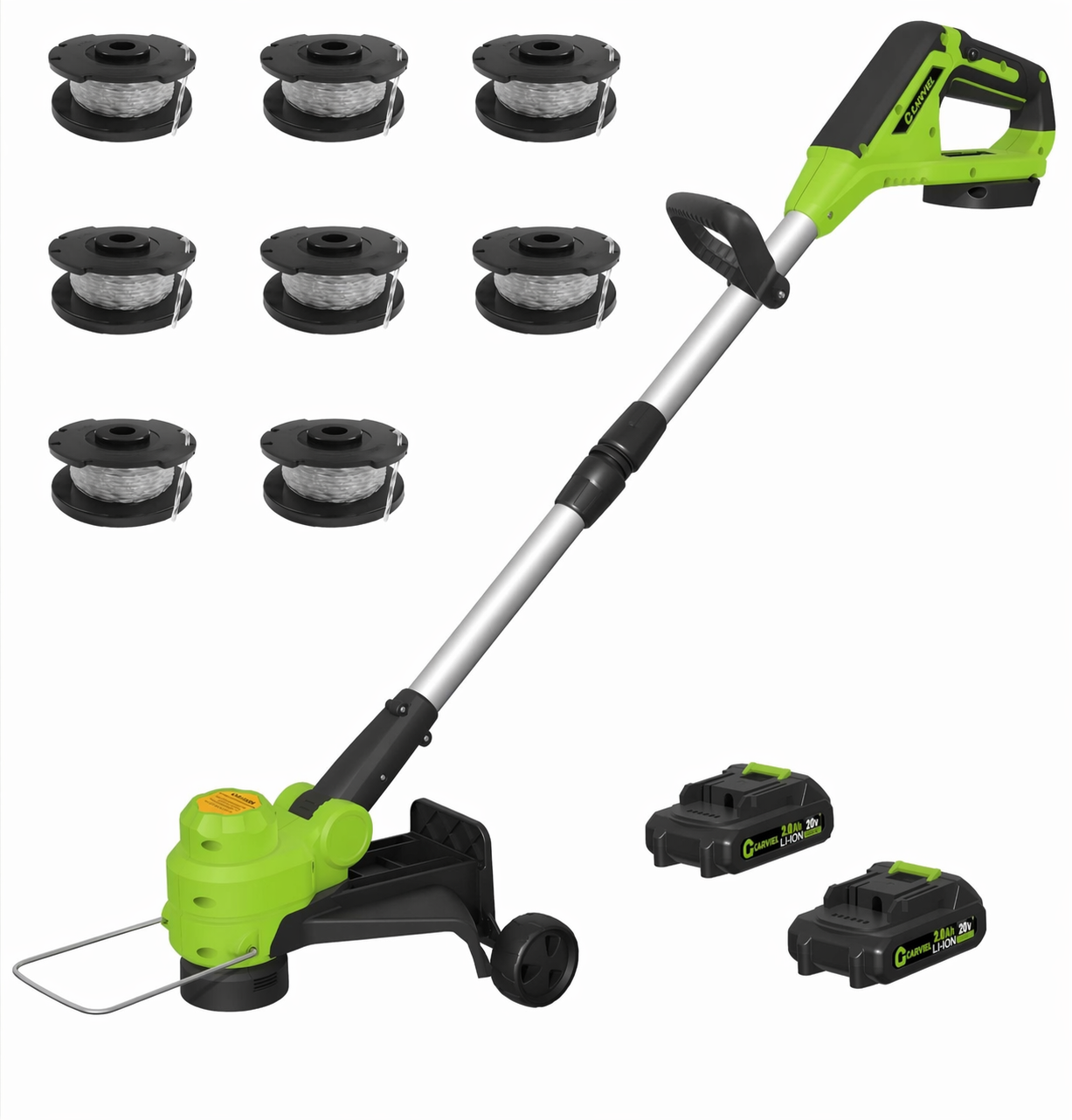 Green cordless grass trimmer kit with two batteries and 8 replacement spools