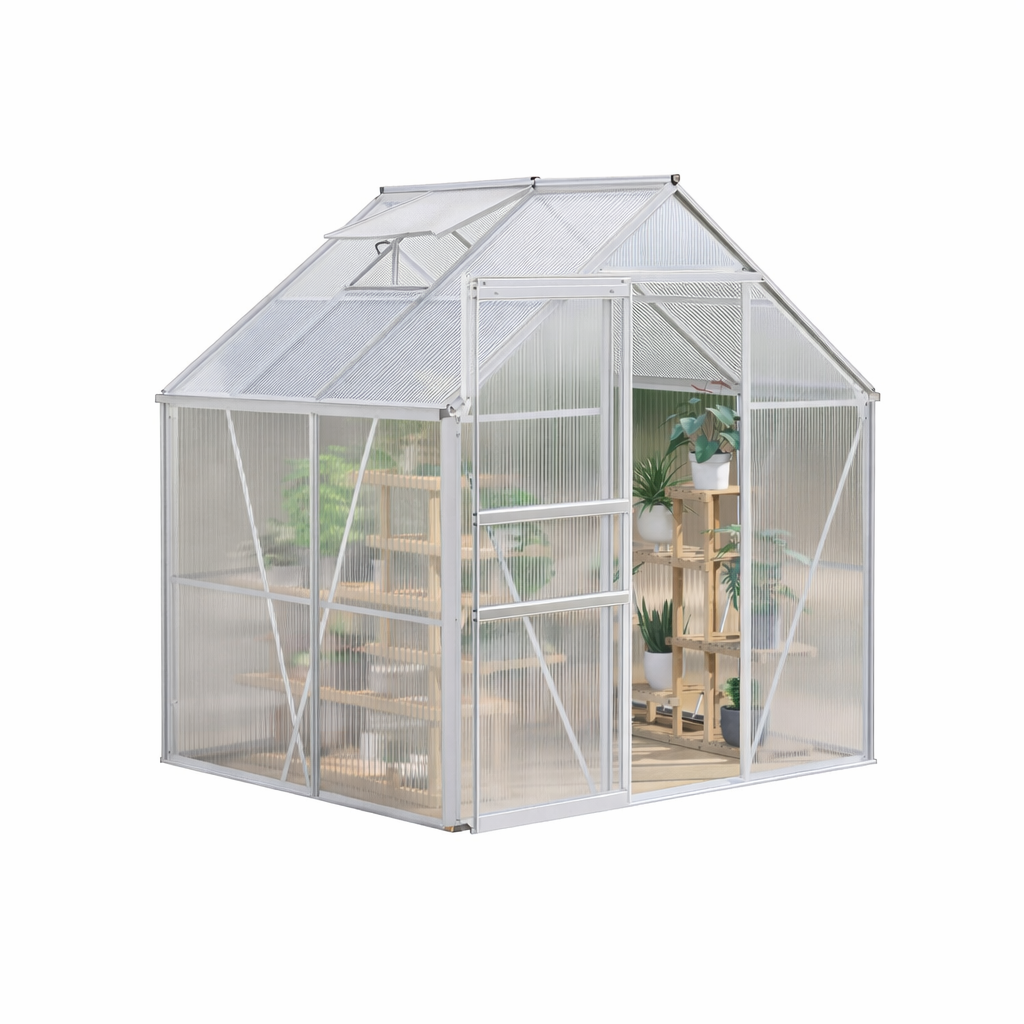 Garvee 6x6 FT Polycarbonate Greenhouse Kit – Heavy Duty Aluminum Frame, Lockable Sliding Door, Adjustable Roof Vent, Rain Gutter – Walk-In for Backyard, Patio, Home Gardening – Silver