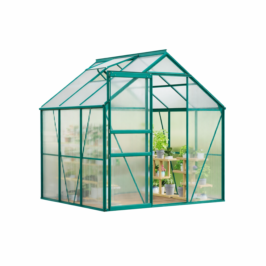 Garvee 6 x 6 FT Outdoor Greenhouse Polycarbonate Aluminum Frame Sliding Door Adjustable Roof Vent Backyard Green