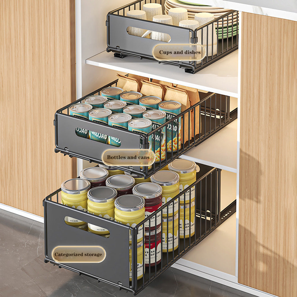 Rangement catégorisé avec organisateurs de placard coulissants pour tasses, boîtes et bocaux