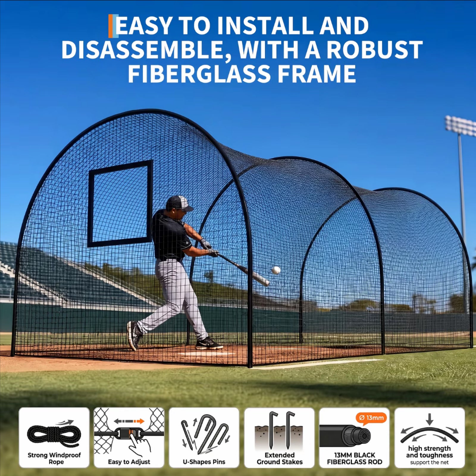 fiberglass frame batting cage with setup accessories
