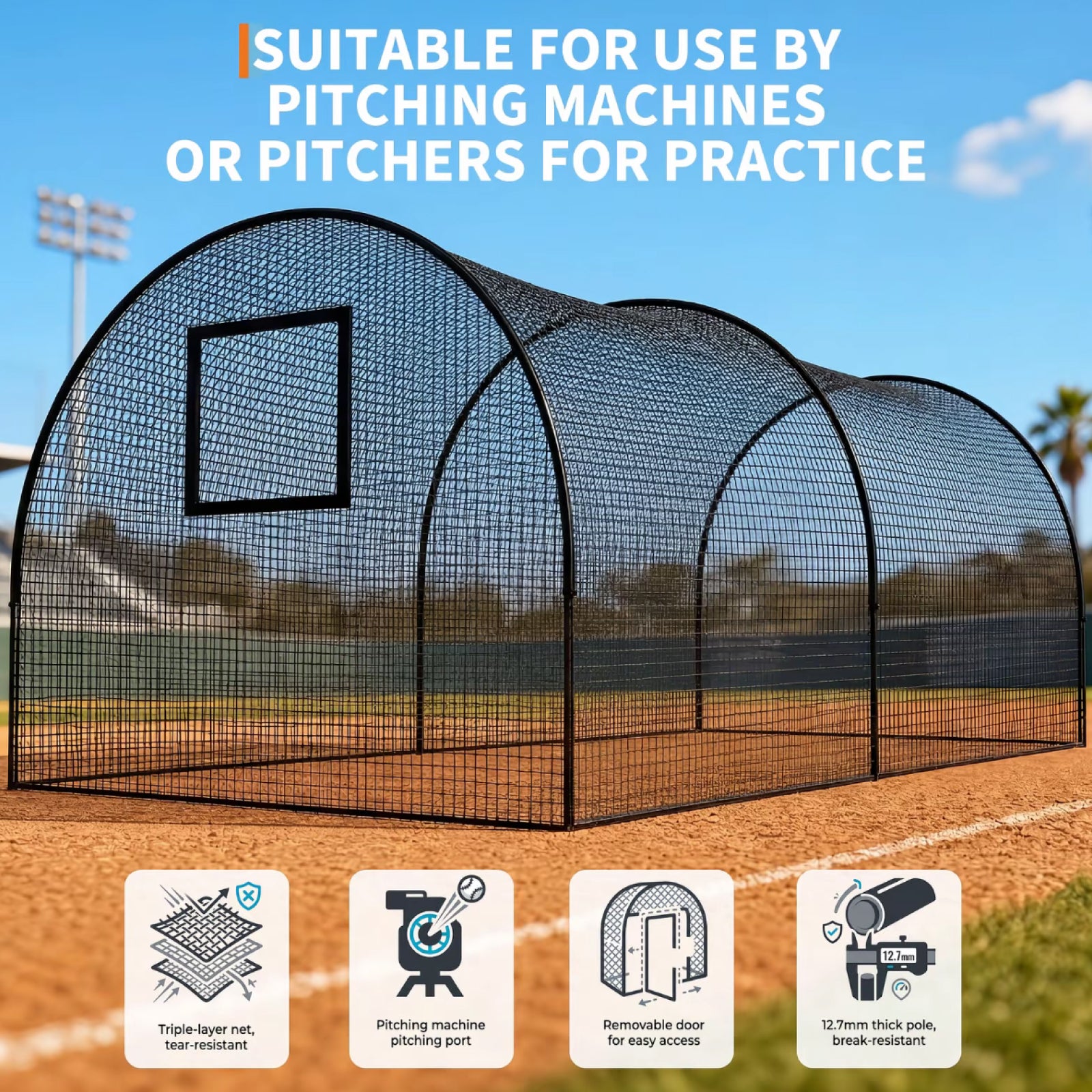 batting cage pitching machine port and removable door