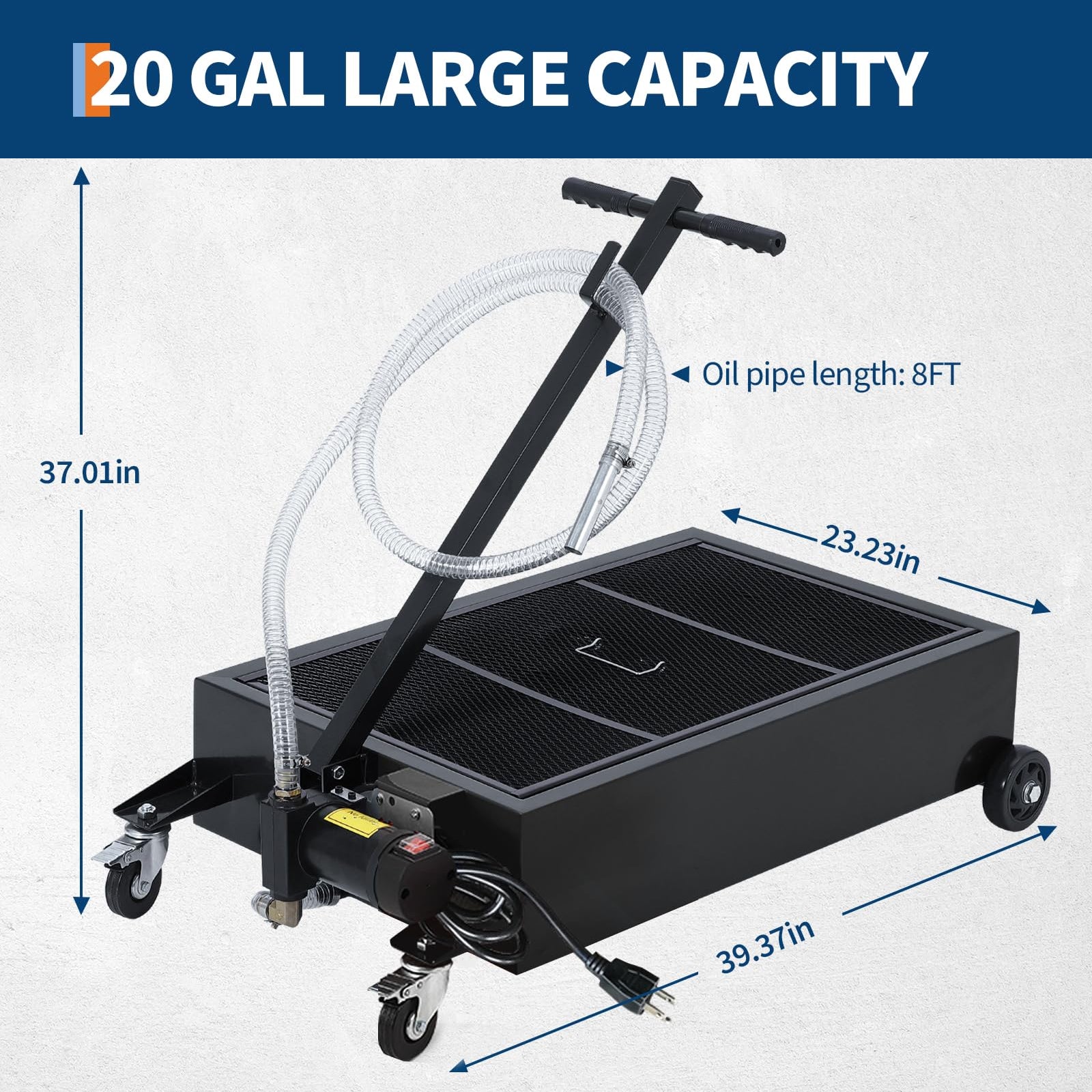 20 gallon low profile oil drain pan capacity and 8ft hose