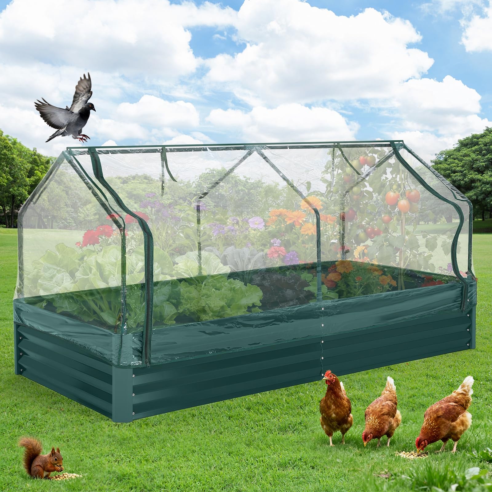Garvee Galvanized Raised Garden Bed Kit with Cover Heavy-Duty Modular Metal Planter for Vegetables, Reinforced Panels, Optimal Drainage, Durable Steel