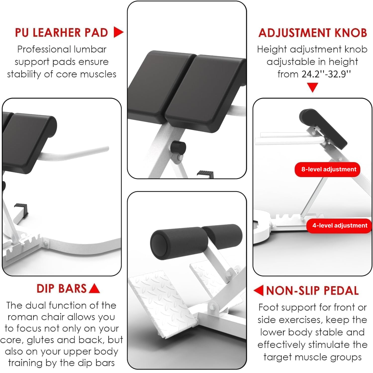 Roman chair PU pads adjustment knob dip bars and non-slip pedal details