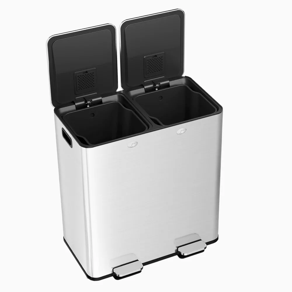 Garvee Large Dual Trash Can 2 x 8 Gallons- 60 Liters Stainless Steel Kitchen Double Trash Can,2 Compartment Trash Can Combo Garbage Bin with Separated Lid and Foot Pedal for Kitchen