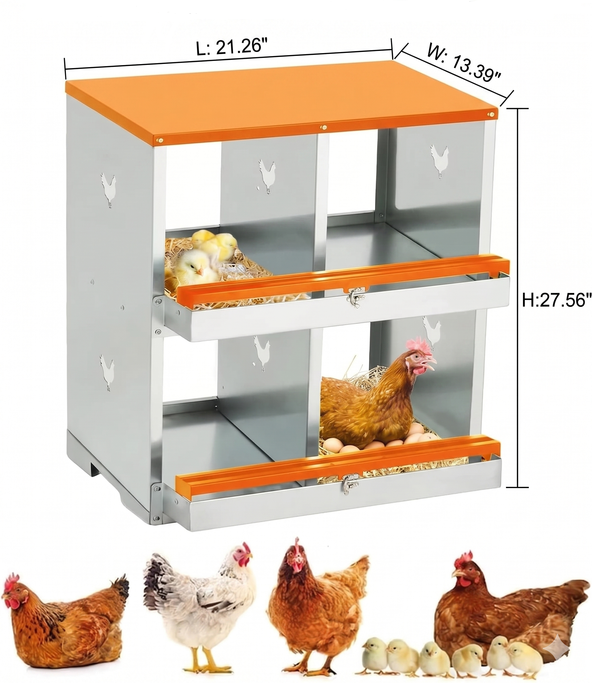 Garvee Chicken Nesting Box with Large Vented Hole, Two-Tier Metal Egg Laying Box, 4 Compartments, Orange, Durable Weatherproof, Spacious Comfortable