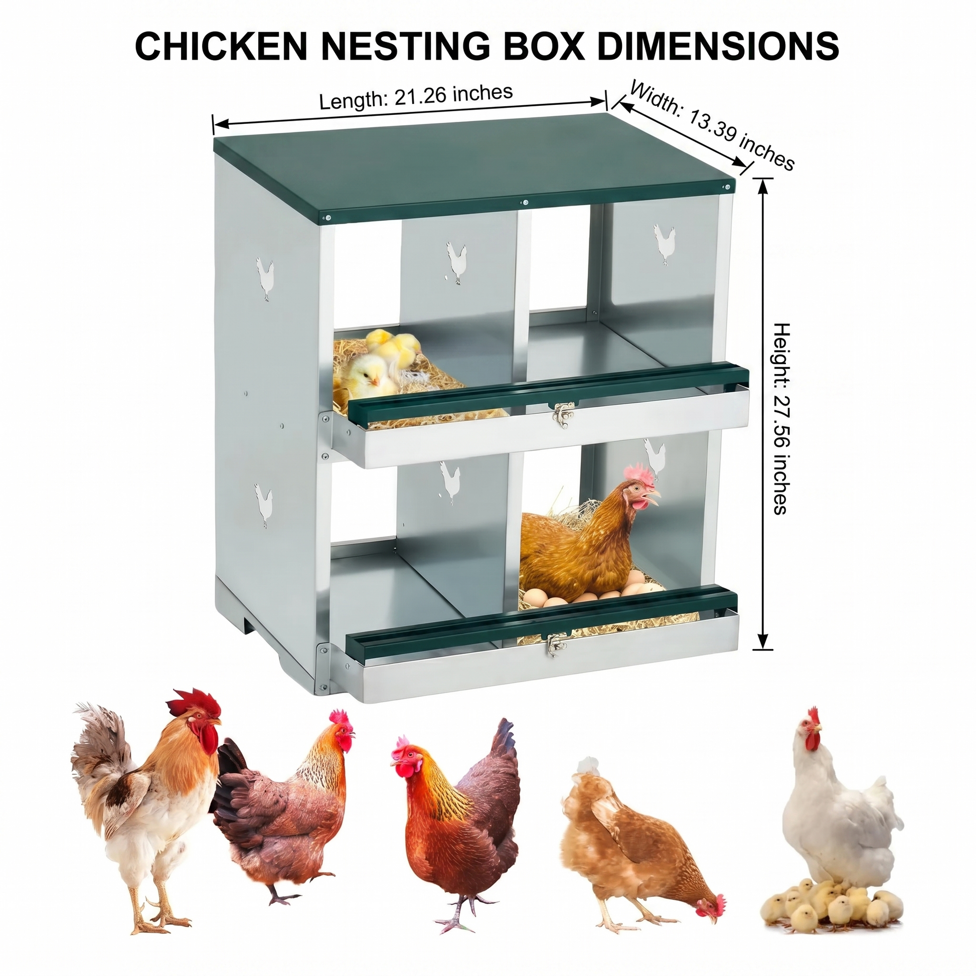 Garvee Chicken Nesting Box with Large Vented Hole Metal Egg Laying Box, 4 Spacious Compartments, 12x11 Inches, Green