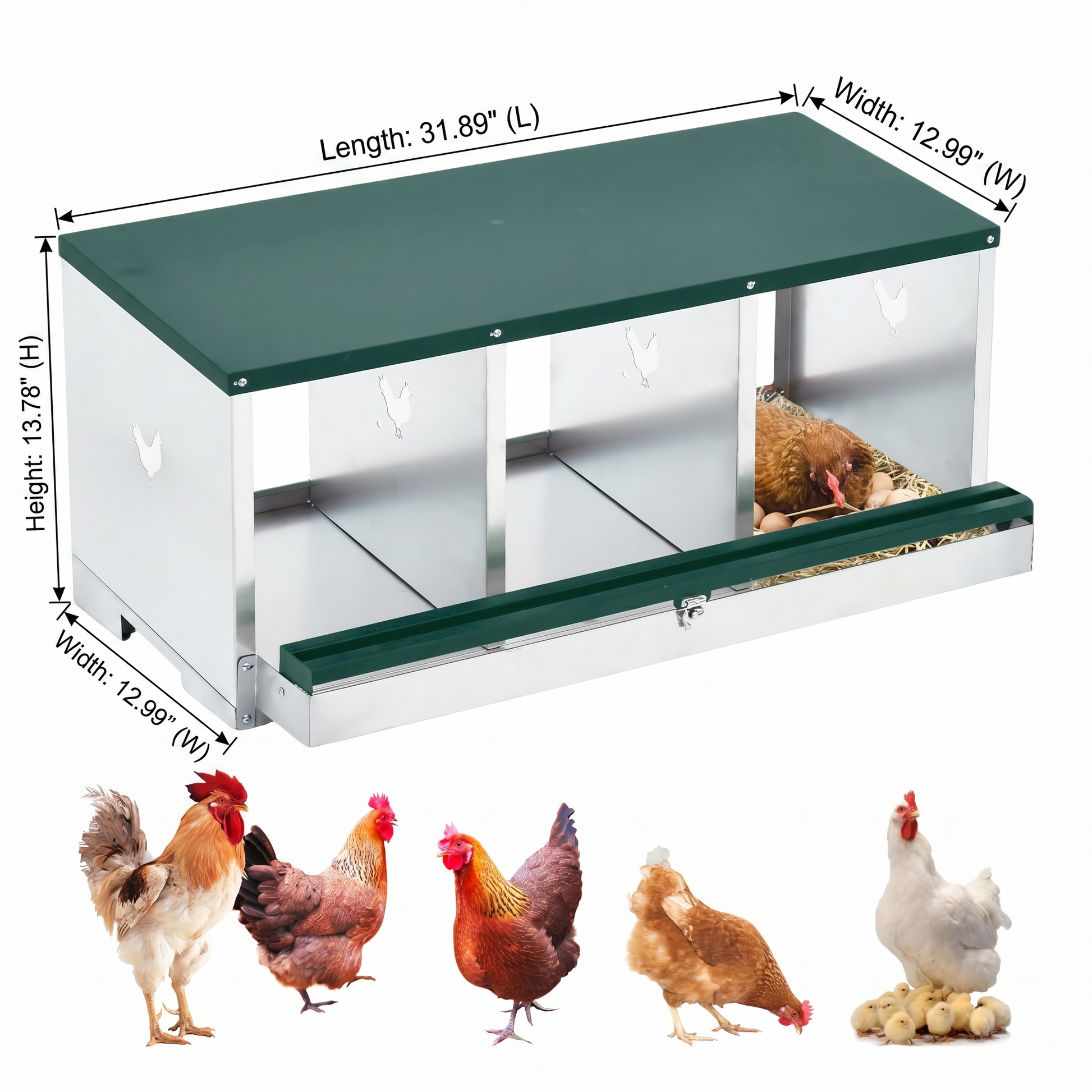 Garvee Boîtes de Nidification pour Poules en Métal à Un Niveau, 3 Compartiments, Pondoir avec Grands Trous d'Aération 12x11 Pouces en Acier Galvanisé