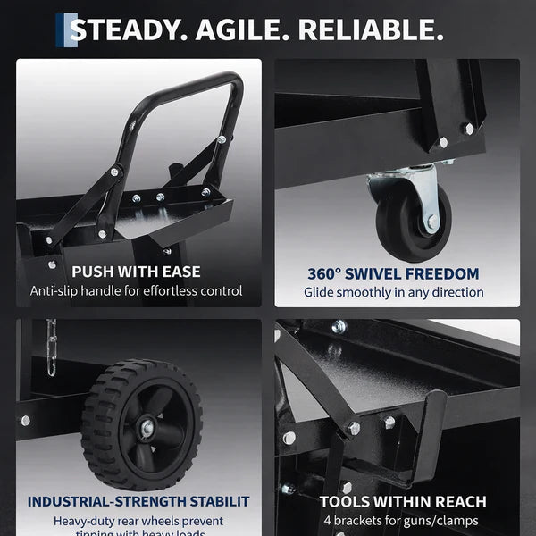 Chariot de soudage Garvee à 3 niveaux, robuste, avec roues pivotantes à 360° et chaînes de rangement de réservoir pour machines de soudage TIG ARC MMA coupeur plasma, noir