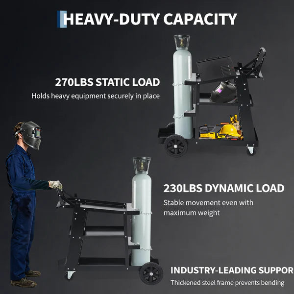 Chariot de soudage Garvee à 3 niveaux, robuste, avec roues pivotantes à 360° et chaînes de rangement de réservoir pour machines de soudage TIG ARC MMA coupeur plasma, noir