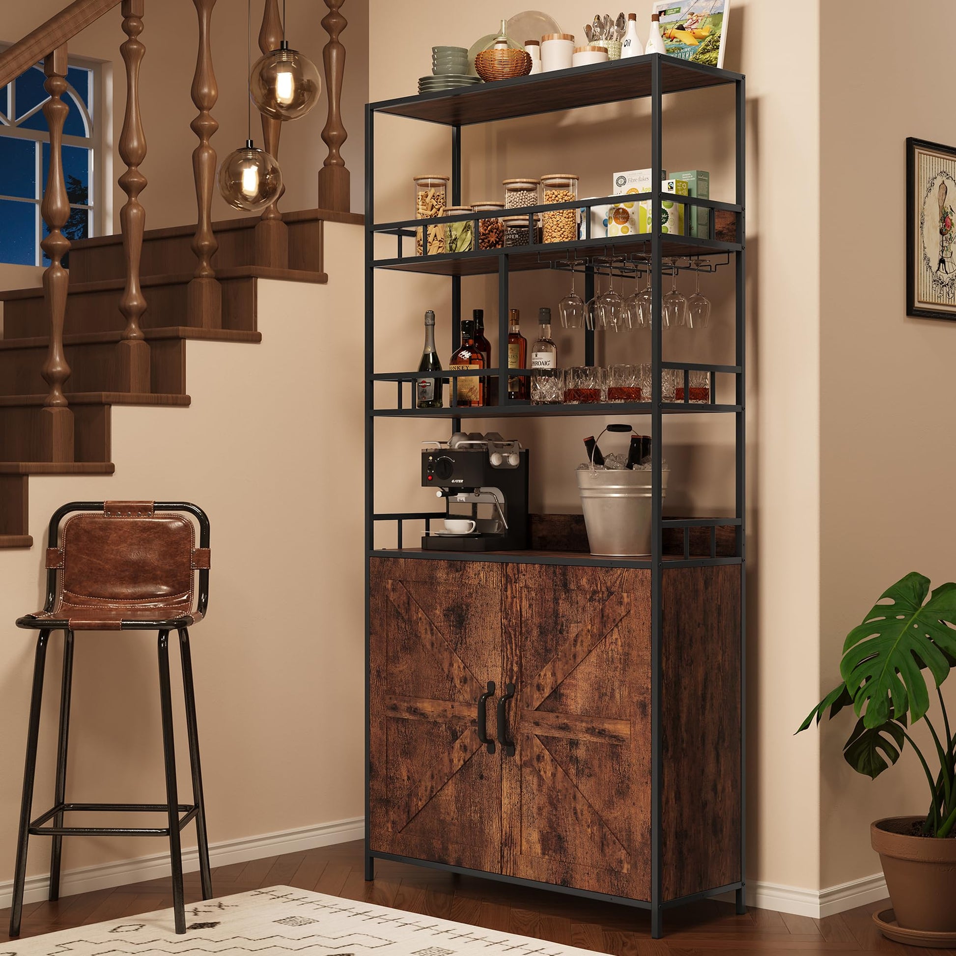 Meuble bar Garvee de 180 cm de haut, meuble à vin autoportant avec support à verres, étagère de cuisine à 5 niveaux avec placard, grande étagère de boulanger avec rangement, support de micro-ondes sur pied, casier à vin