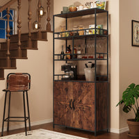 Meuble bar Garvee de 180 cm de haut, meuble à vin autoportant avec support à verres, étagère de cuisine à 5 niveaux avec placard, grande étagère de boulanger avec rangement, support de micro-ondes sur pied, casier à vin