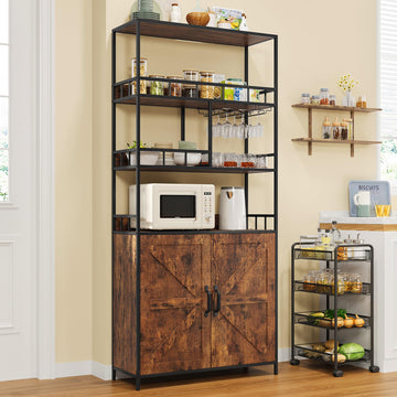 Meuble bar Garvee de 180 cm de haut, meuble à vin autoportant avec support à verres, étagère de cuisine à 5 niveaux avec placard, grande étagère de boulanger avec rangement, support de micro-ondes sur pied, casier à vin