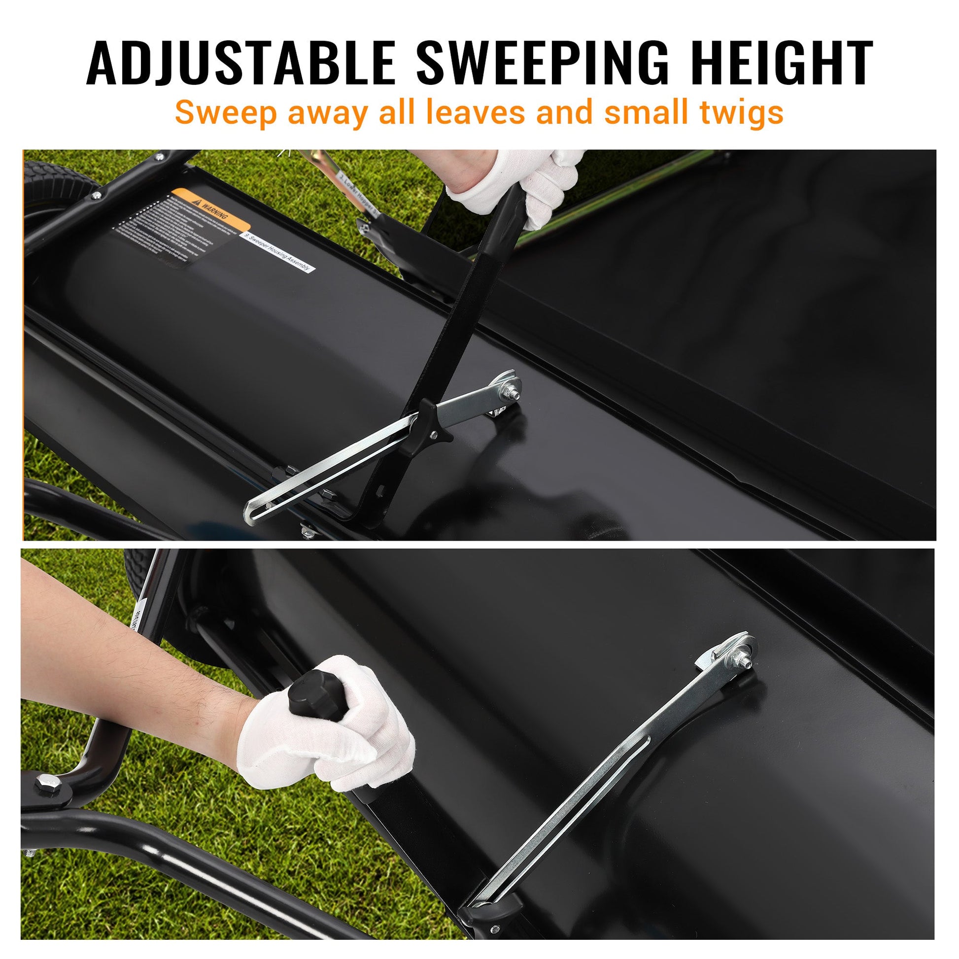 Adjustable sweeping height control on lawn sweeper