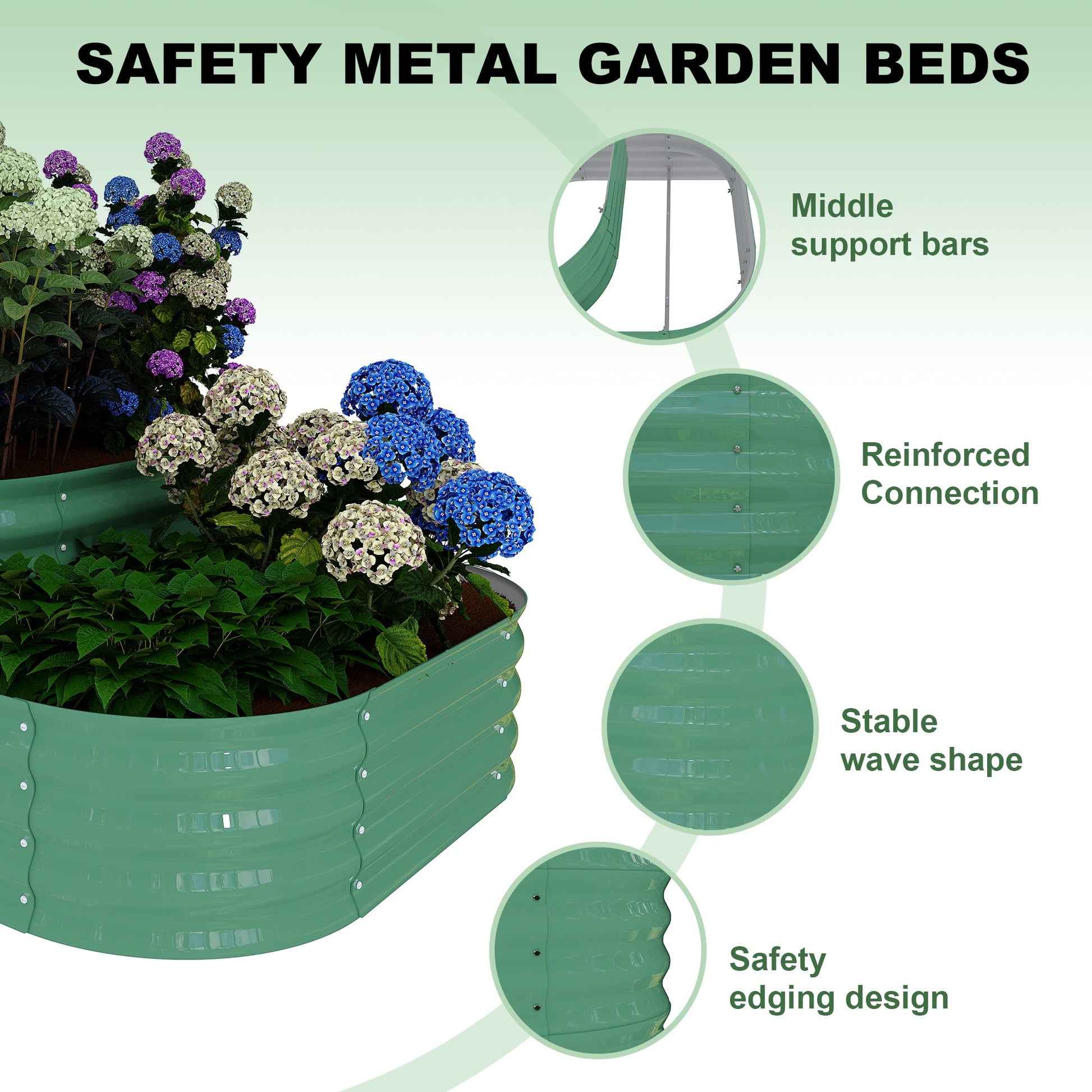 Galvanized metal raised bed with safety edging and support bars