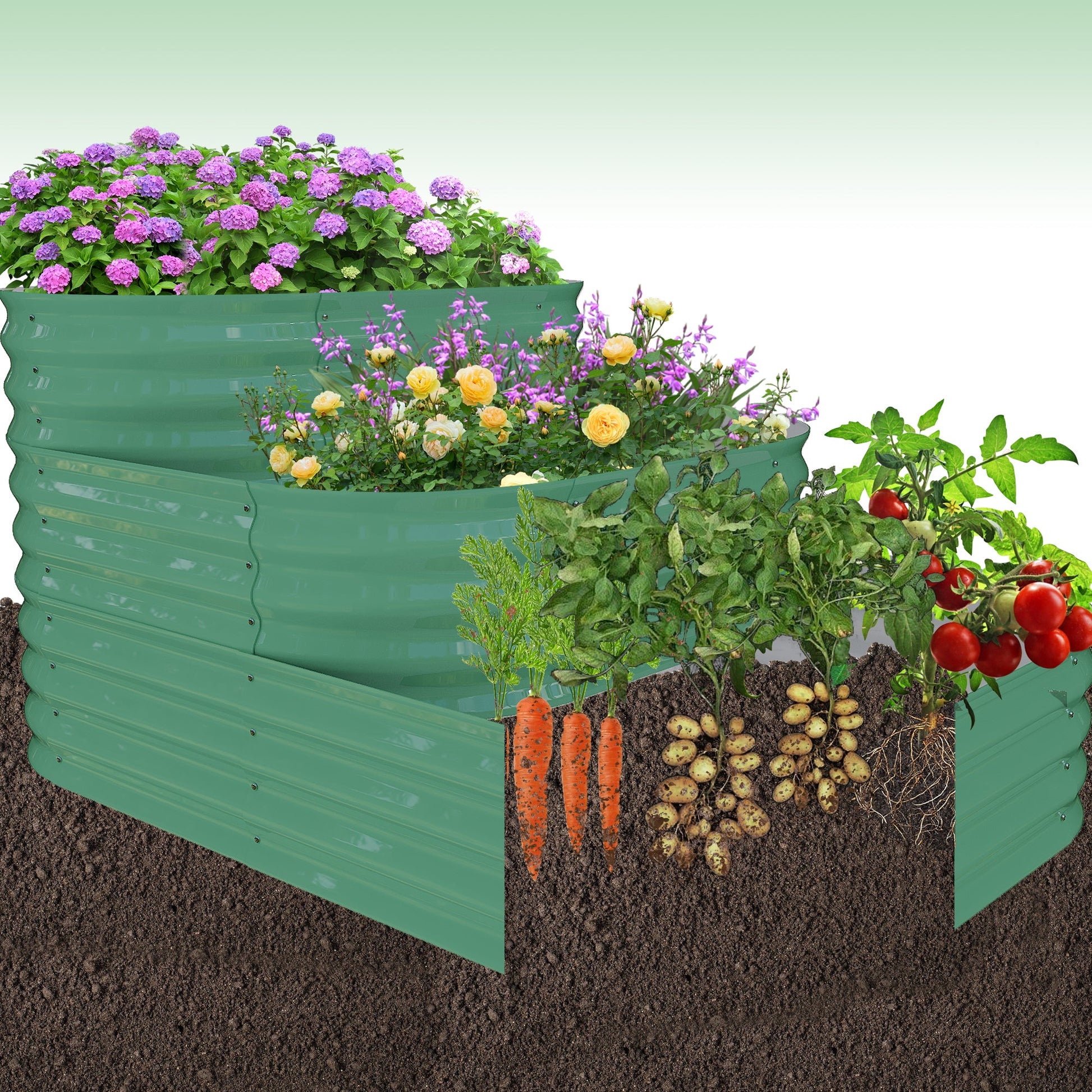 Open-bottom raised garden bed with root growth and drainage illustration