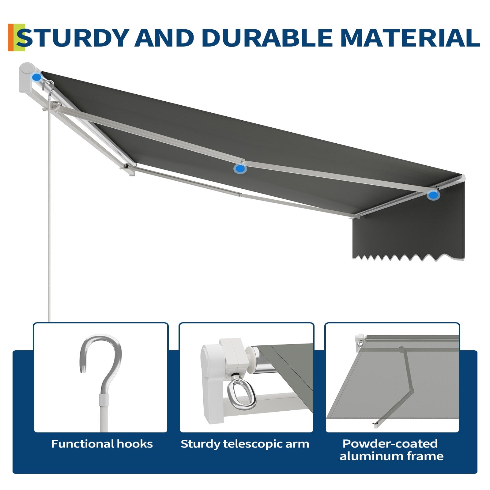 Reinforced aluminum frame and arms for retractable awning