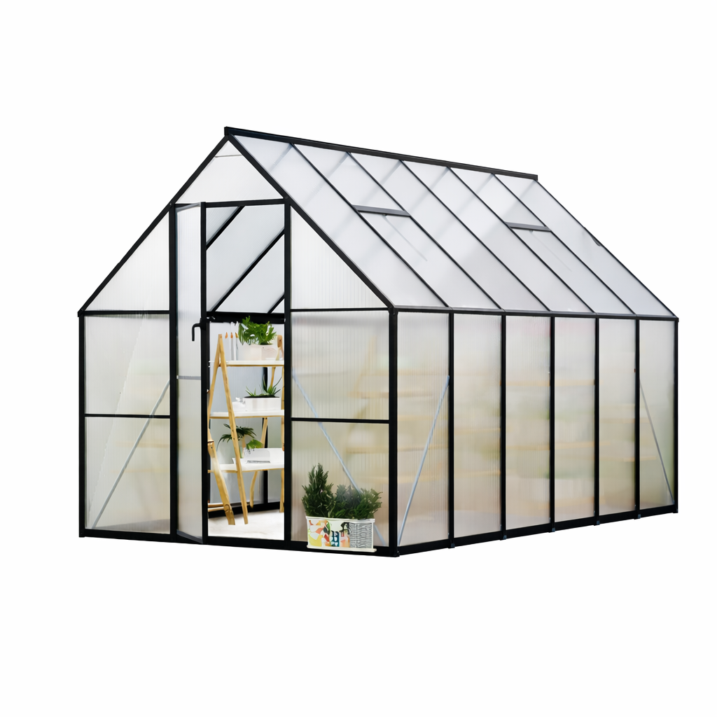 Serre d'extérieur Garvee 2,4 x 3,6 m, cadre en aluminium, panneaux en polycarbonate, toit anti-UV avec aération, système de gouttières, montage rapide pour le jardin